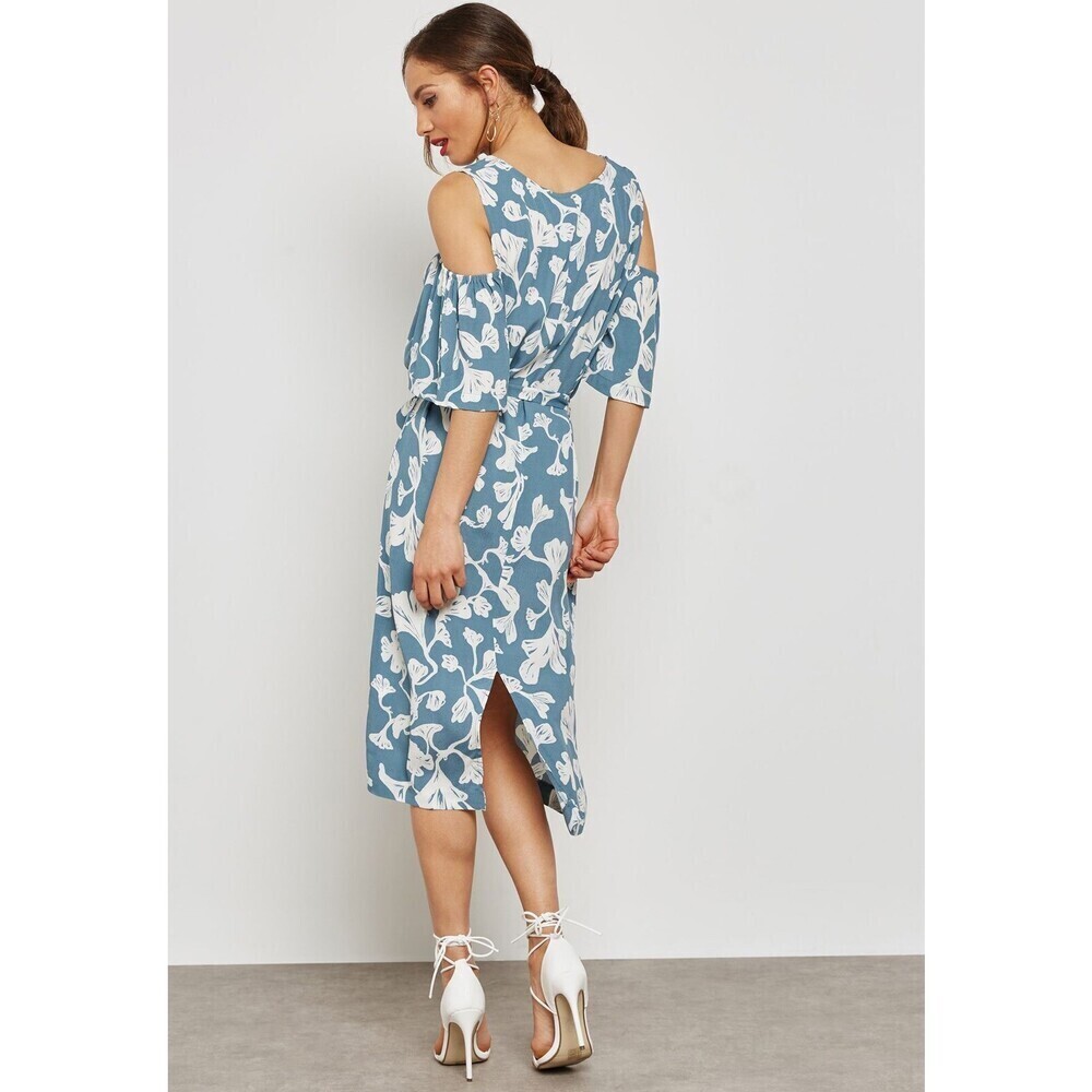 ICHI Off Tie Waist Printed Cold Shoulder Dress Blue Size M